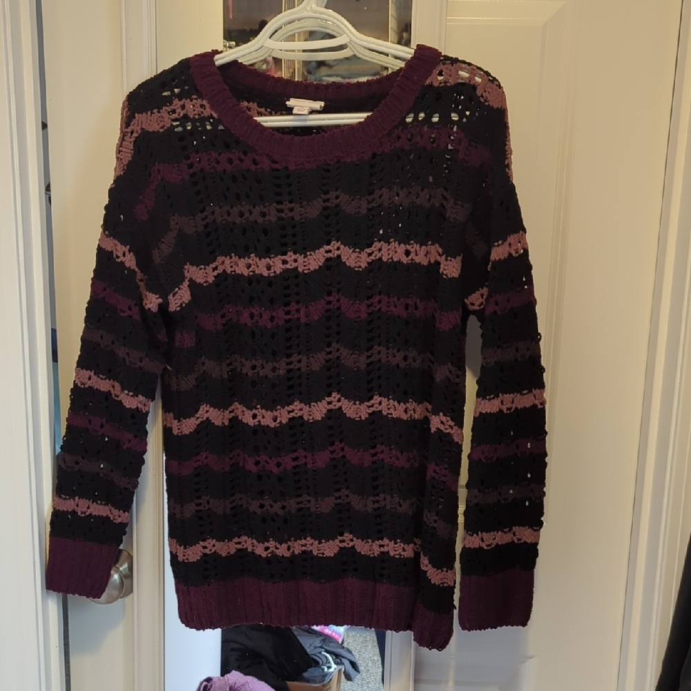 LuLaRoe Black and Purple Crew Neck Sweater with Stripes